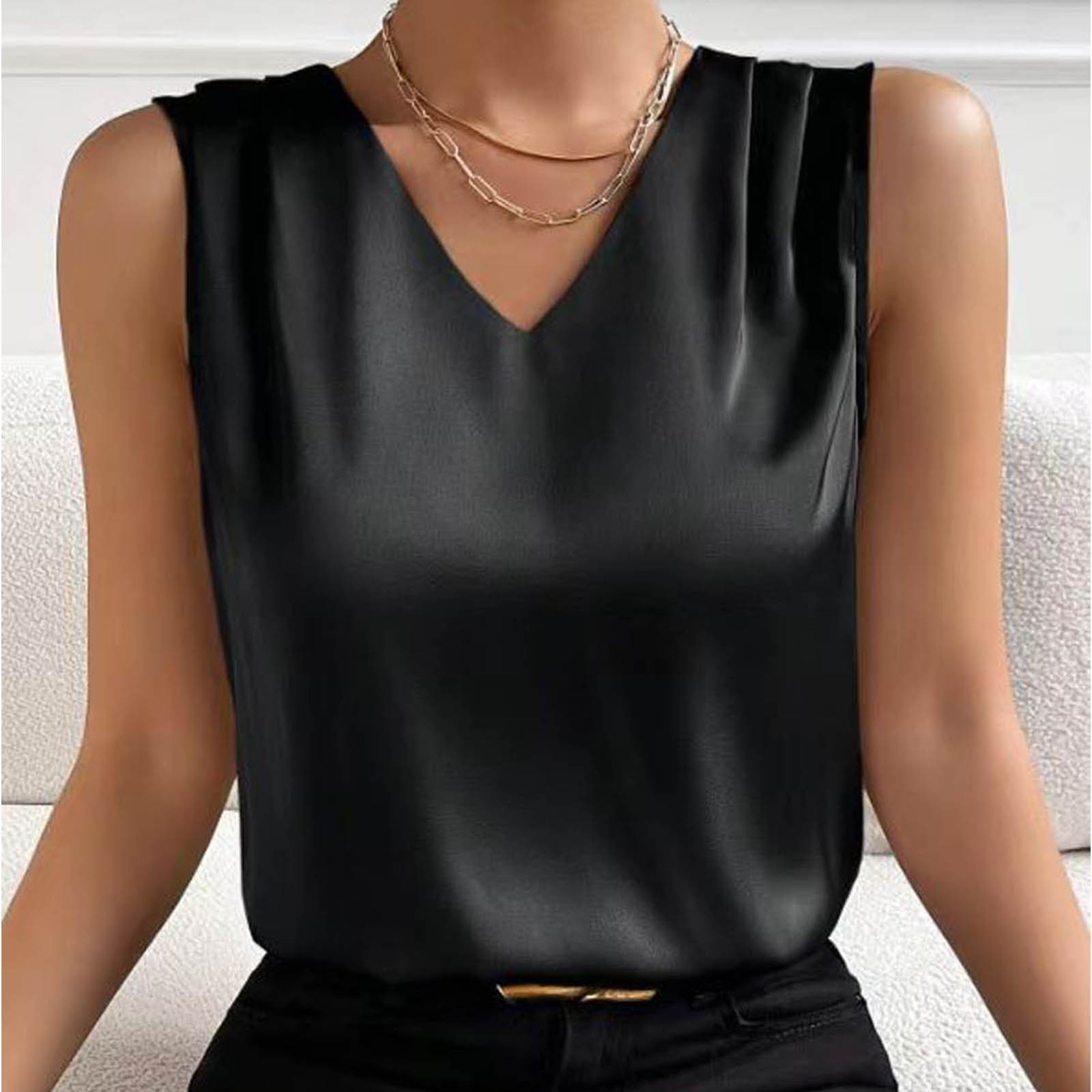thumbnail image 2 of Top sin mangas de satén con cuello en V para mujer, para el verano, blusa informal transpirable de poliéster de color liso, 2 of 6